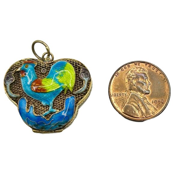 Antique Silver/Gold Vermeil Enamel Rooster Locket Pendant/Charm - Picture 5 of 5